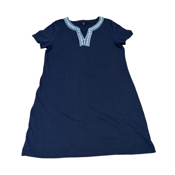 Talbots XL Navy Blue Embroidered Shift cotton Midi Dress short sleeve casual - Picture 1 of 6
